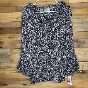 Kathy Che Blouse Top Womens NWT Sz 1X Black White Pleated Fringe Animal Print